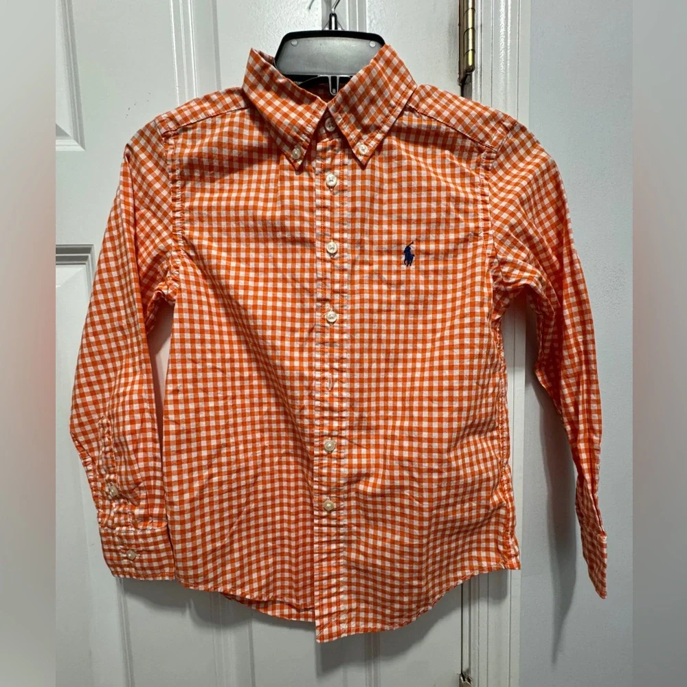 Ralph Lauren size 8 orange / white check button down shirt